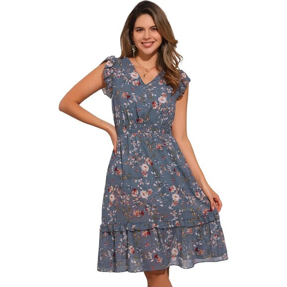 Women's Floral Summer Dress Lightweight Chiffon V-Neck Ruffle Smocked - Picture 1 of 5
